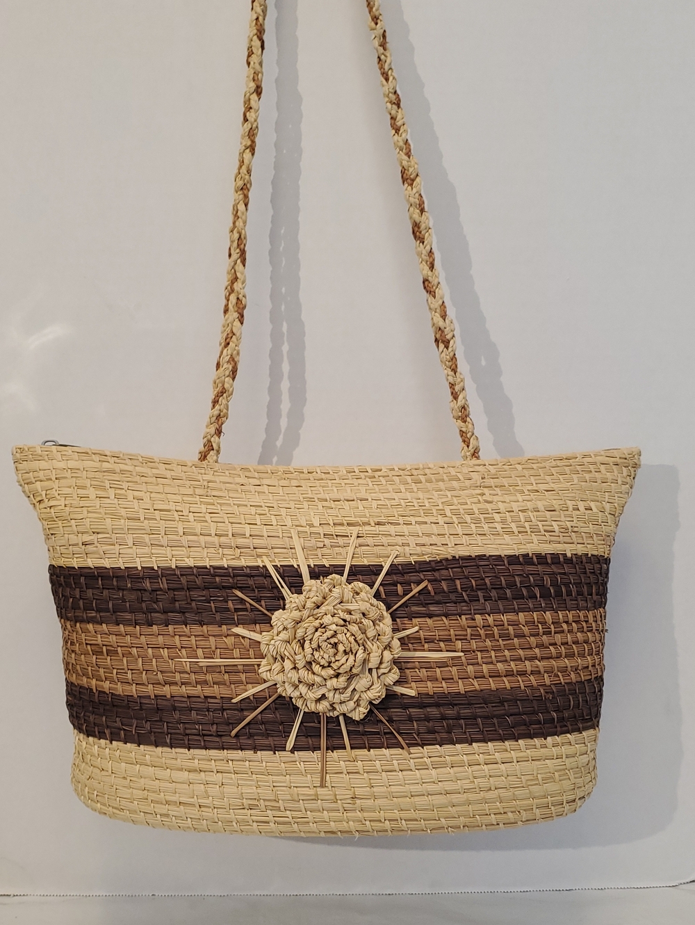 Natural Straw Tote Bag with Brown Stripes and Floral Accent